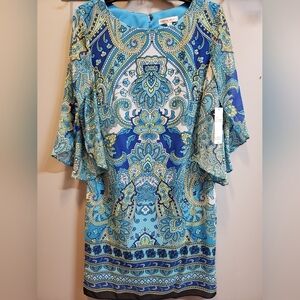 Sandra Darren NWT Blue, White & Yellow Print Flutter Sleeve Dress, 6